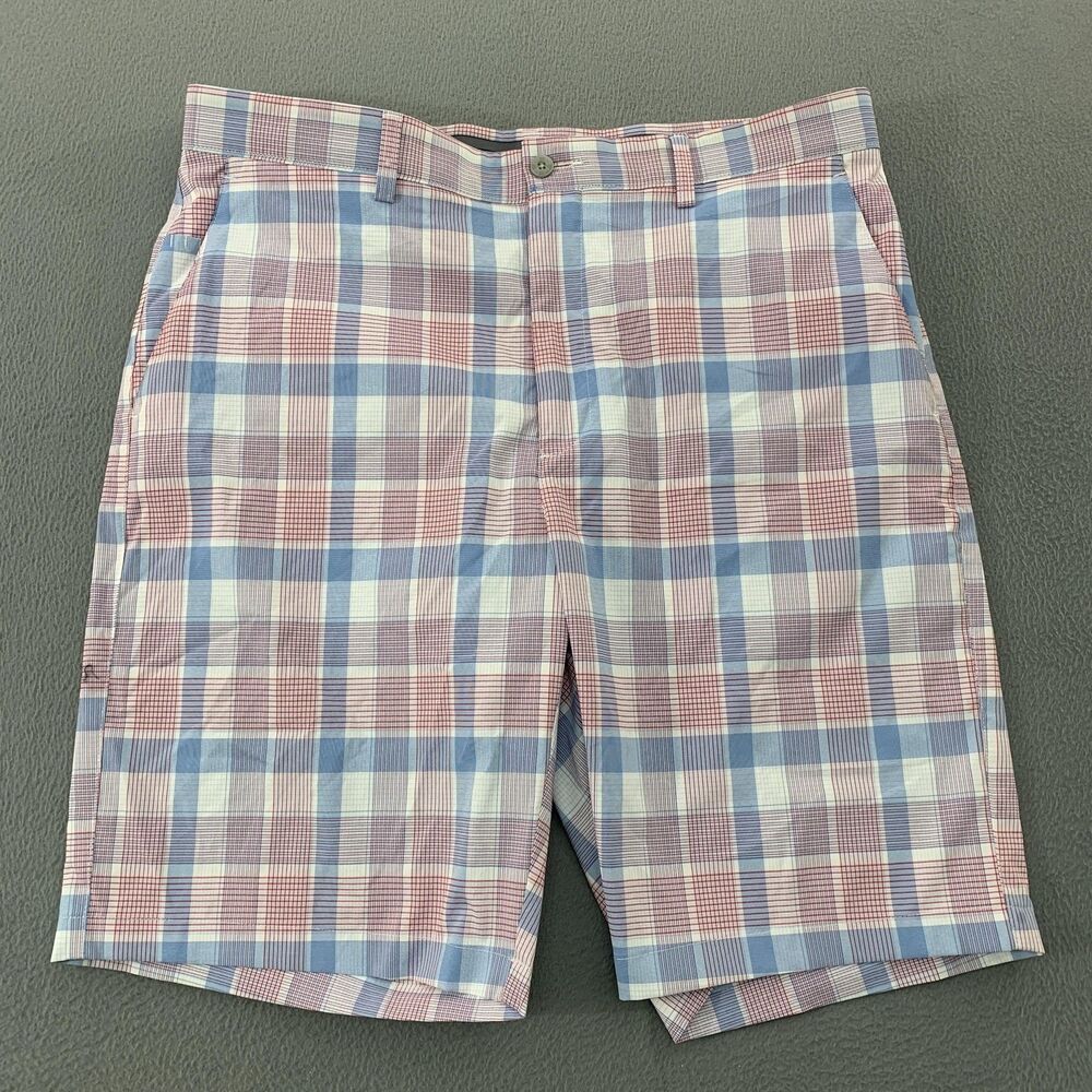 PGA Tour Edge Shorts Mens 36 Blue Plaid Stretch Chino Golf 9 Inseam Casual